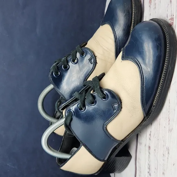 Vintage 70s Men's Disco Heeled Shoes Leather Lace-Up Blue Cream Size 8.5