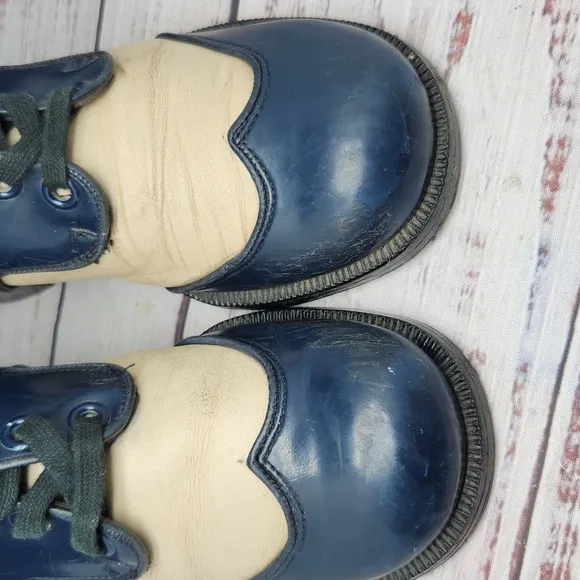 Vintage 70s Men's Disco Heeled Shoes Leather Lace-Up Blue Cream Size 8.5