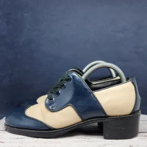 Vintage 70s Men's Disco Heeled Shoes Leather Lace-Up Blue Cream Size 8.5