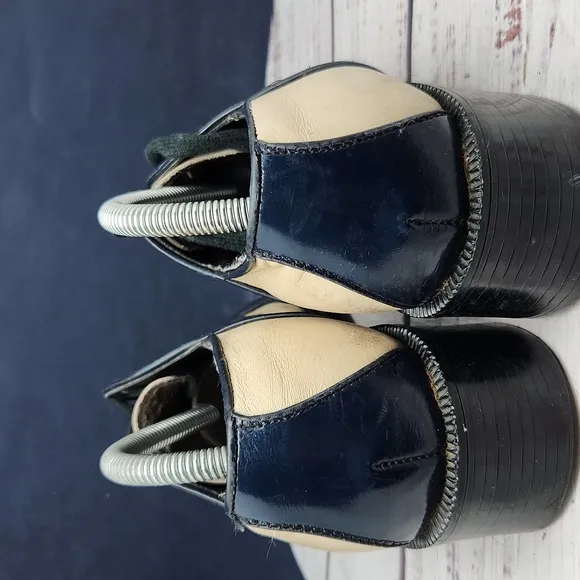 Vintage 70s Men's Disco Heeled Shoes Leather Lace-Up Blue Cream Size 8.5
