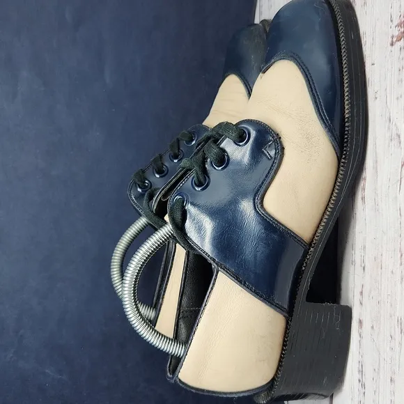 Vintage 70s Men's Disco Heeled Shoes Leather Lace-Up Blue Cream Size 8.5