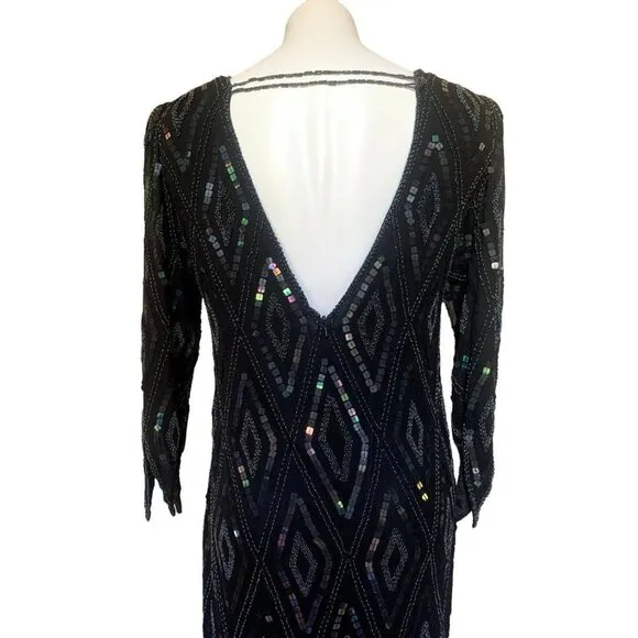 Vintage 90s Beaded Silk Dress Evening Gown Medium