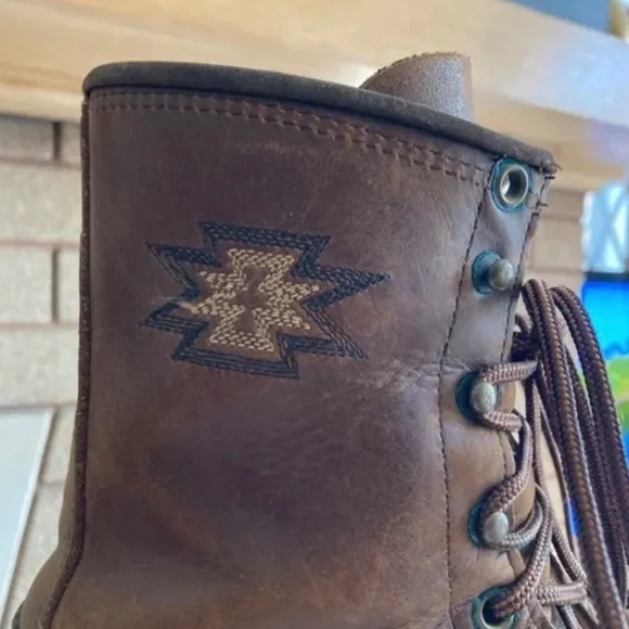 Vintage Aztec Stitched Brown/Black Leather Lace Up Heeled Boots Women’s Size 8.5