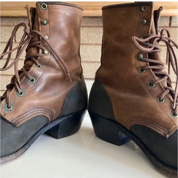 Vintage Aztec Stitched Brown/Black Leather Lace Up Heeled Boots Women’s Size 8.5