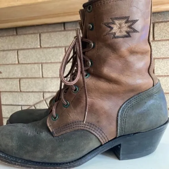 Vintage Aztec Stitched Brown/Black Leather Lace Up Heeled Boots Women’s Size 8.5