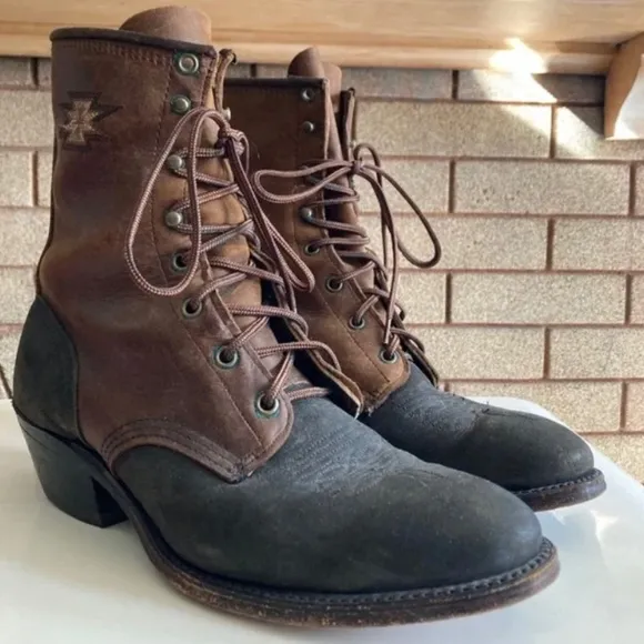 Vintage Aztec Stitched Brown/Black Leather Lace Up Heeled Boots Women’s Size 8.5