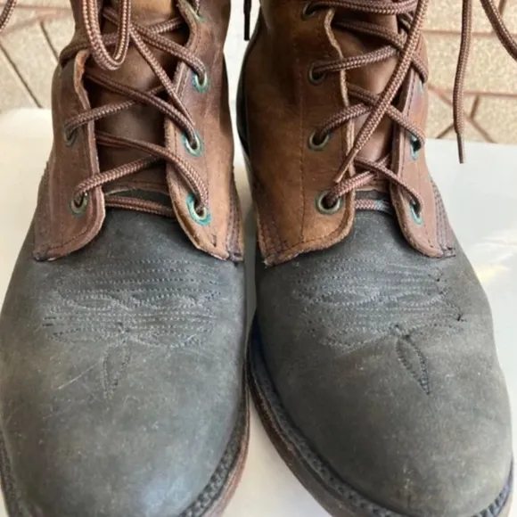 Vintage Aztec Stitched Brown/Black Leather Lace Up Heeled Boots Women’s Size 8.5