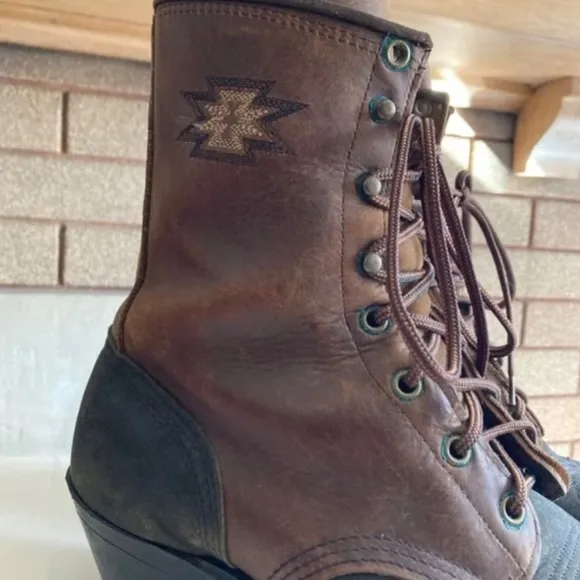 Vintage Aztec Stitched Brown/Black Leather Lace Up Heeled Boots Women’s Size 8.5