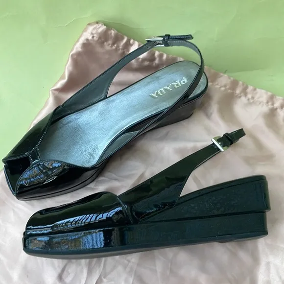 Vintage black Prada patent leather wedges with dust bag