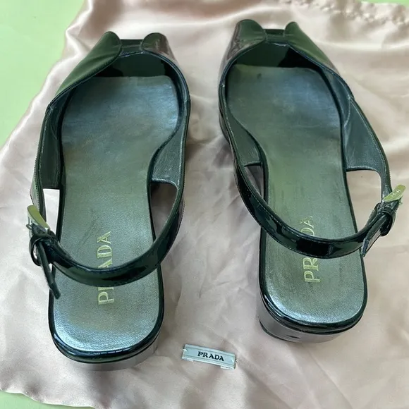 Vintage black Prada patent leather wedges with dust bag