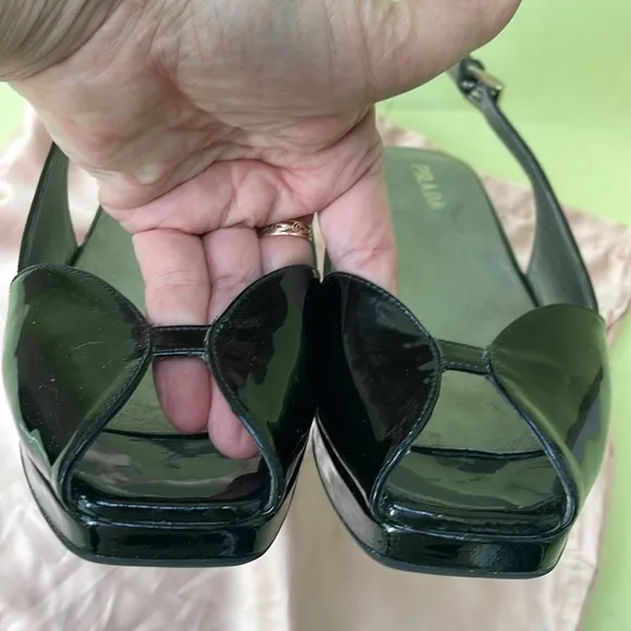 Vintage black Prada patent leather wedges with dust bag