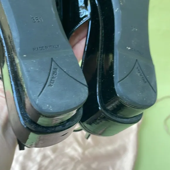 Vintage black Prada patent leather wedges with dust bag