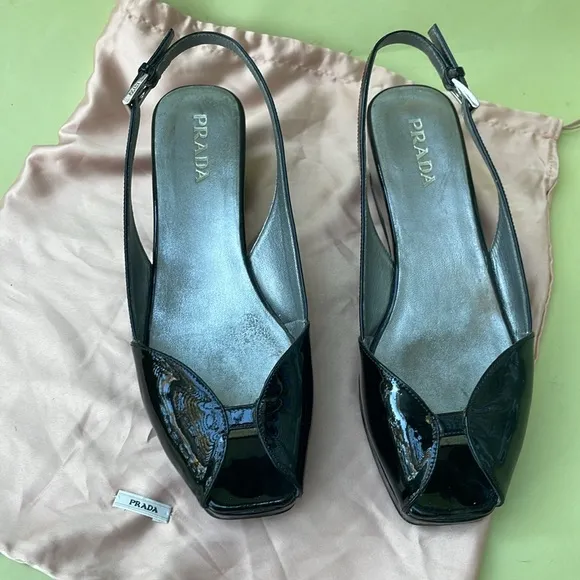 Vintage black Prada patent leather wedges with dust bag