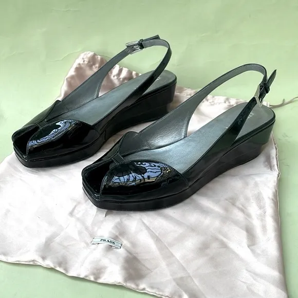 Vintage black Prada patent leather wedges with dust bag