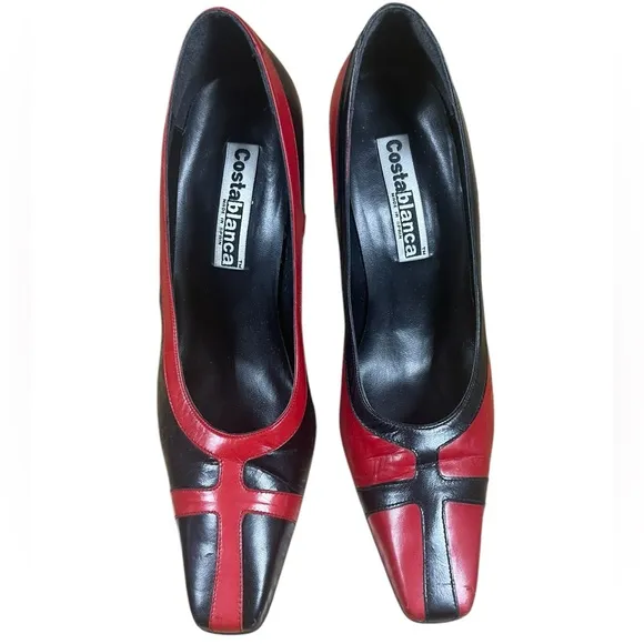 Vintage Costa Blanca 2 tone leather shoes EUC sz 9.5 Red black closed square toe