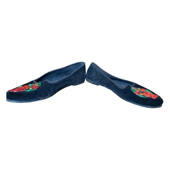Vintage Jessica Stevens Black Velvet Christmas Wreath Sequin Embroidered Flats 7