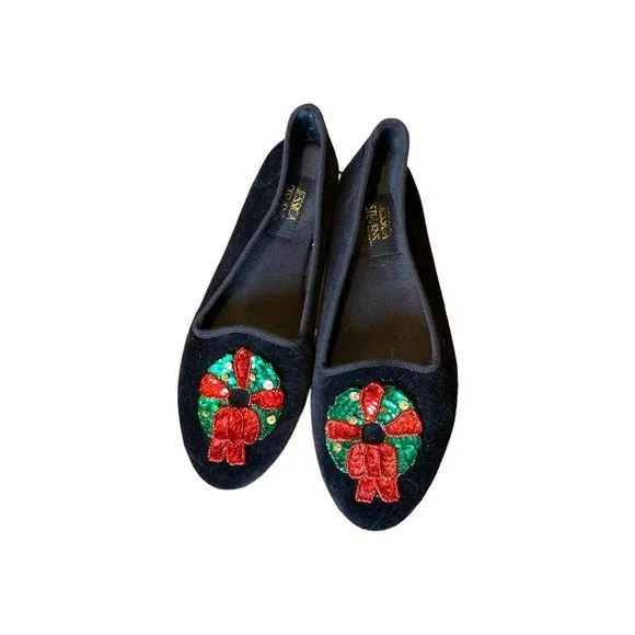 Vintage Jessica Stevens Black Velvet Christmas Wreath Sequin Embroidered Flats 7