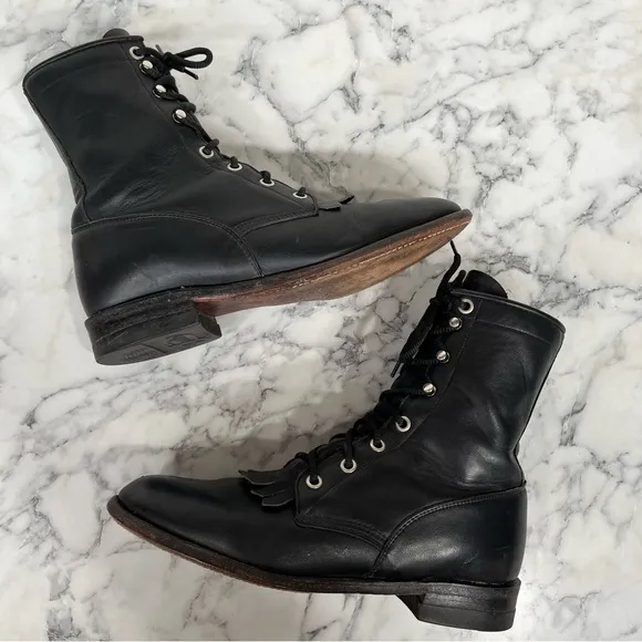 Vintage Justin Black Leather Western Lace Up Cowboy Boots Combat Boots 6.5 B