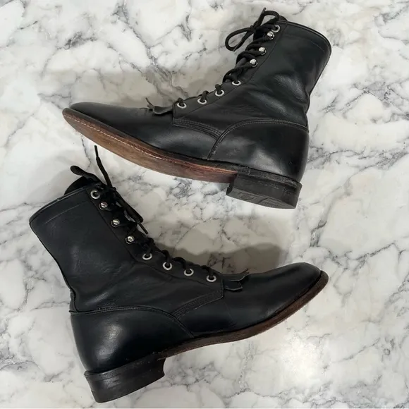 Vintage Justin Black Leather Western Lace Up Cowboy Boots Combat Boots 6.5 B