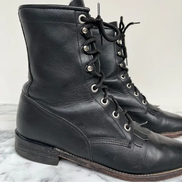 Vintage Justin Black Leather Western Lace Up Cowboy Boots Combat Boots 6.5 B