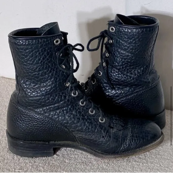 Vintage Justin Boots Black Pebbled Leather Lace Up Packer Boots 6