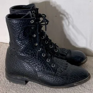 Vintage Justin Boots Black Pebbled Leather Lace Up Packer Boots 6