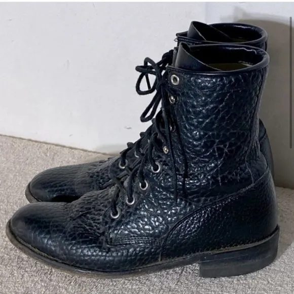 Vintage Justin Boots Black Pebbled Leather Lace Up Packer Boots 6