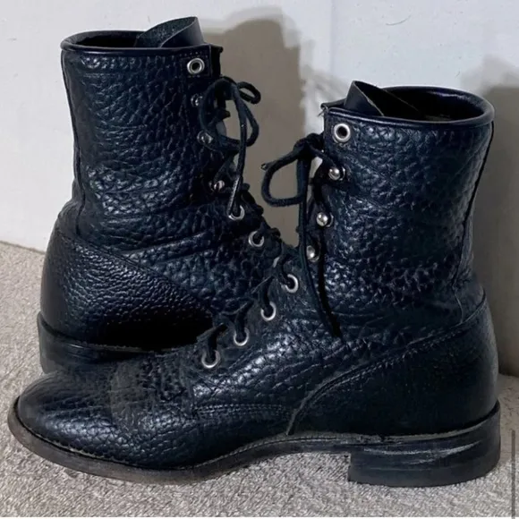 Vintage Justin Boots Black Pebbled Leather Lace Up Packer Boots 6