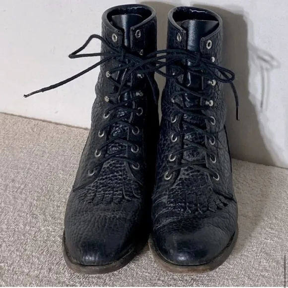 Vintage Justin Boots Black Pebbled Leather Lace Up Packer Boots 6