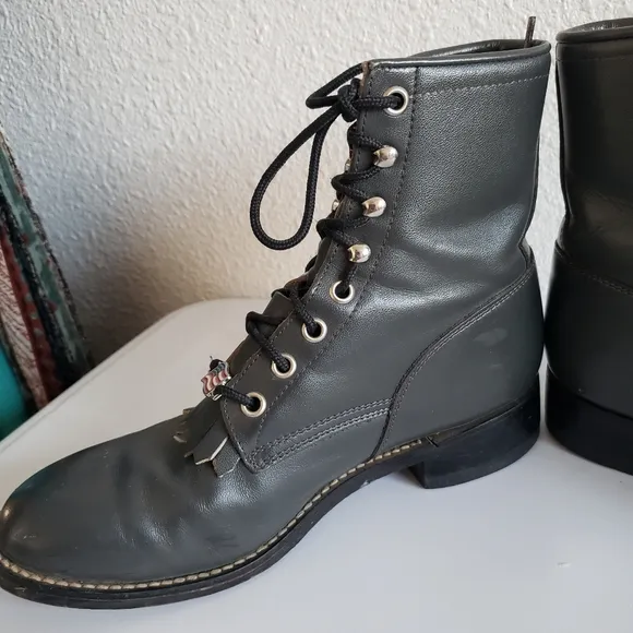 Vintage Justin Lace Up Boots Dark Gray Leather Kiltie Mens  Size 4 D  women 5.5.