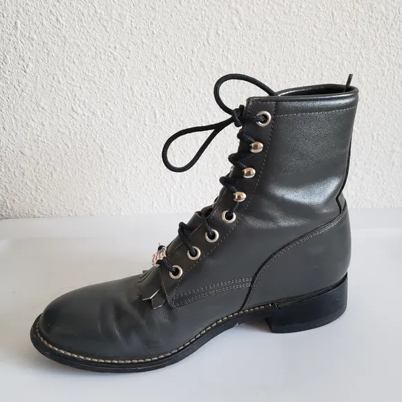 Vintage Justin Lace Up Boots Dark Gray Leather Kiltie Mens  Size 4 D  women 5.5.