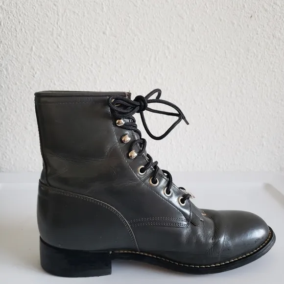 Vintage Justin Lace Up Boots Dark Gray Leather Kiltie Mens  Size 4 D  women 5.5.