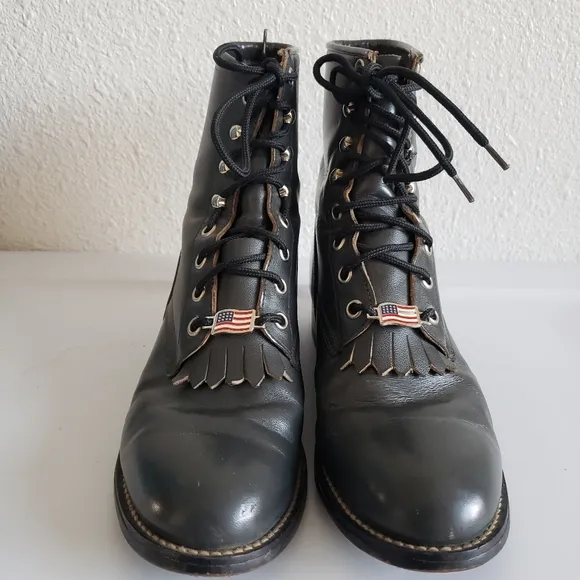 Vintage Justin Lace Up Boots Dark Gray Leather Kiltie Mens  Size 4 D  women 5.5.