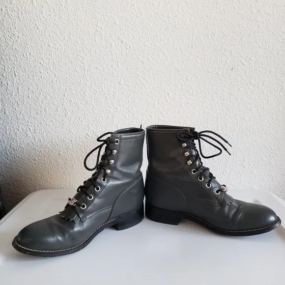 Vintage Justin Lace Up Boots Dark Gray Leather Kiltie Mens  Size 4 D  women 5.5.