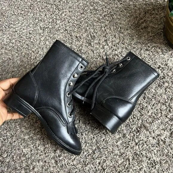 Vintage Kids Black Leather Western cowboy Boots Size 10.5 kiltie Lace Up new