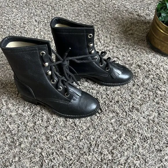Vintage Kids Black Leather Western cowboy Boots Size 10.5 kiltie Lace Up new