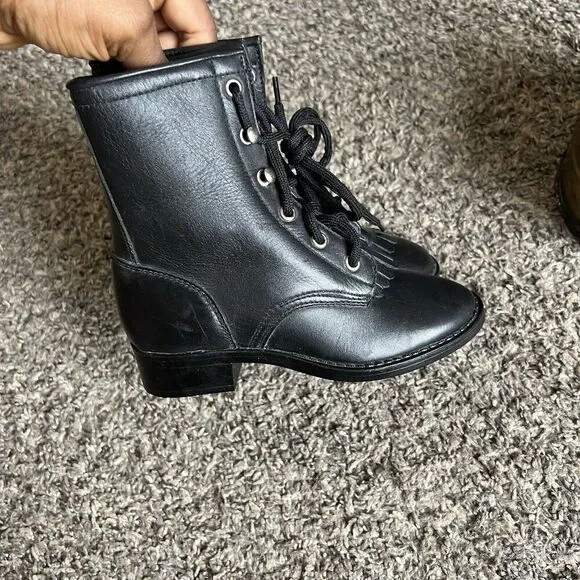 Vintage Kids Black Leather Western cowboy Boots Size 10.5 kiltie Lace Up new