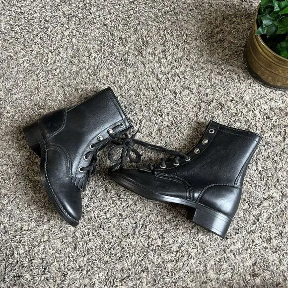 Vintage Kids Black Leather Western cowboy Boots Size 10.5 kiltie Lace Up new