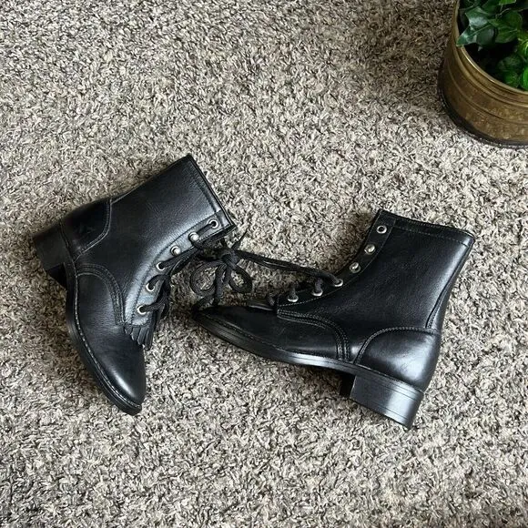 Vintage Kids Black Leather Western cowboy Boots Size 10.5 kiltie Lace Up new