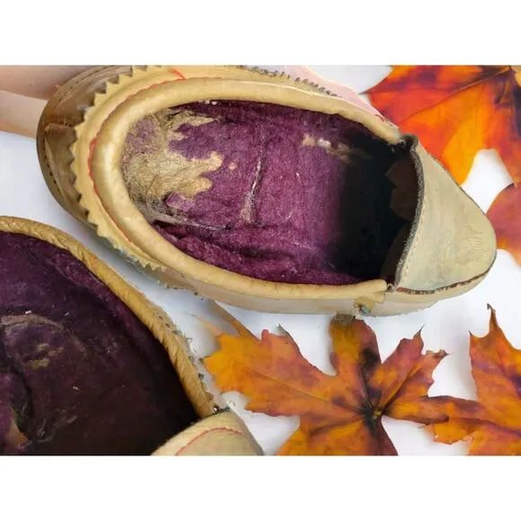 Vintage Leather Slipper Moccasins With Embossed Indian‎ Chief Head And Wool...