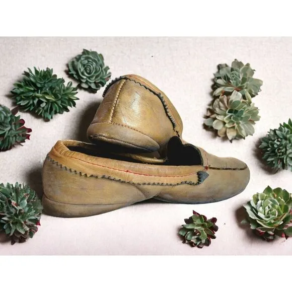 Vintage Leather Slipper Moccasins With Embossed Indian‎ Chief Head And Wool...