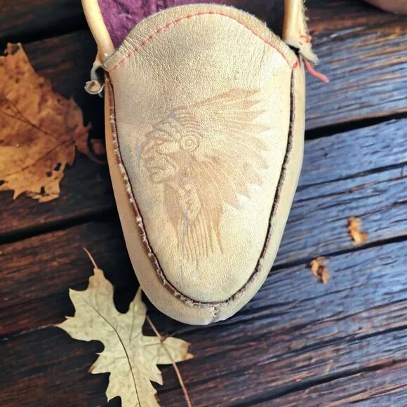 Vintage Leather Slipper Moccasins With Embossed Indian‎ Chief Head And Wool...