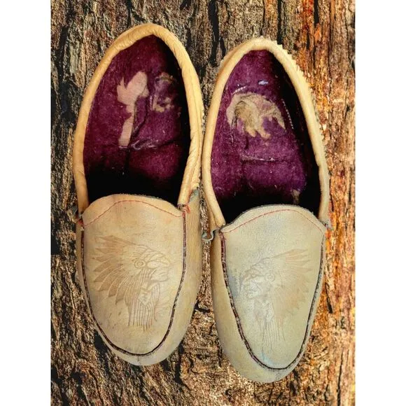Vintage Leather Slipper Moccasins With Embossed Indian‎ Chief Head And Wool...