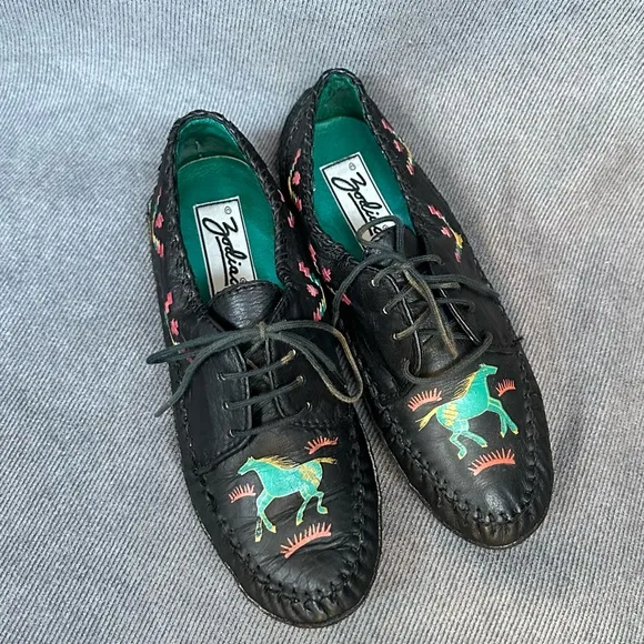 Vintage leather western Navajo driving moccasins shoes flats horses Sz 6.5