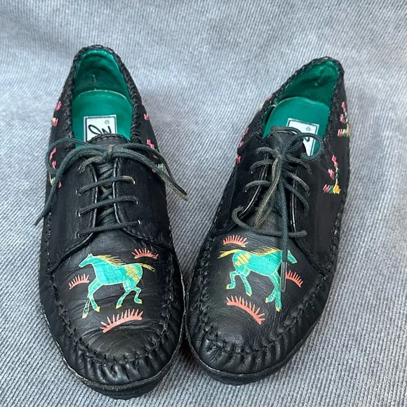 Vintage leather western Navajo driving moccasins shoes flats horses Sz 6.5