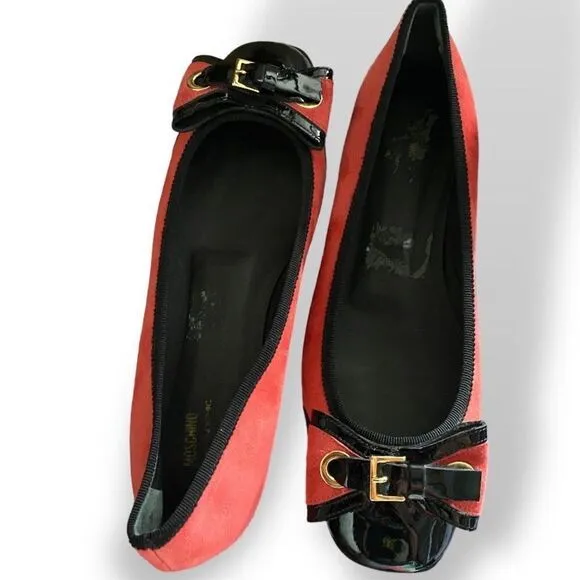 Vintage Moschino Suede and Patent Leather Buckle Flats