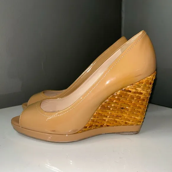 Vintage Prada Espadrilles Nude Patent Leather Peep-Toe Wedges size 36.5
