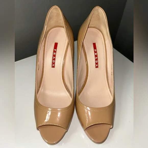 Vintage Prada Espadrilles Nude Patent Leather Peep-Toe Wedges size 36.5