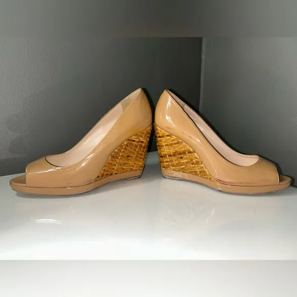 Vintage Prada Espadrilles Nude Patent Leather Peep-Toe Wedges size 36.5