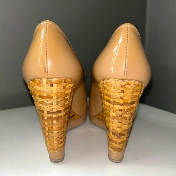 Vintage Prada Espadrilles Nude Patent Leather Peep-Toe Wedges size 36.5